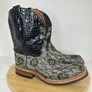 Ferrini Cowgirl Cool Floral Leather Boots Black Silver Size 8.5